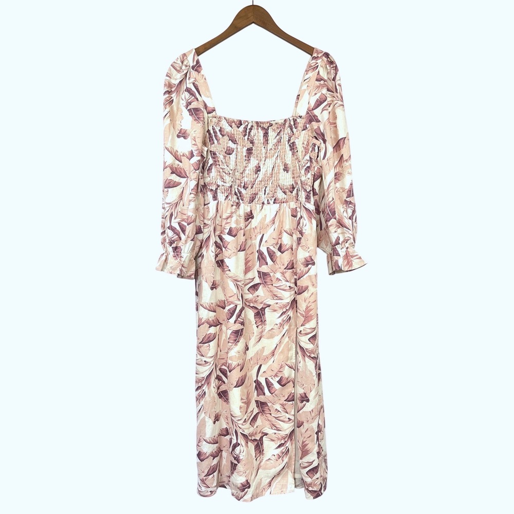 House of Harlow 1960 Linen Blend Midi Dress L Pink Mauve Smocked Boho Tropical